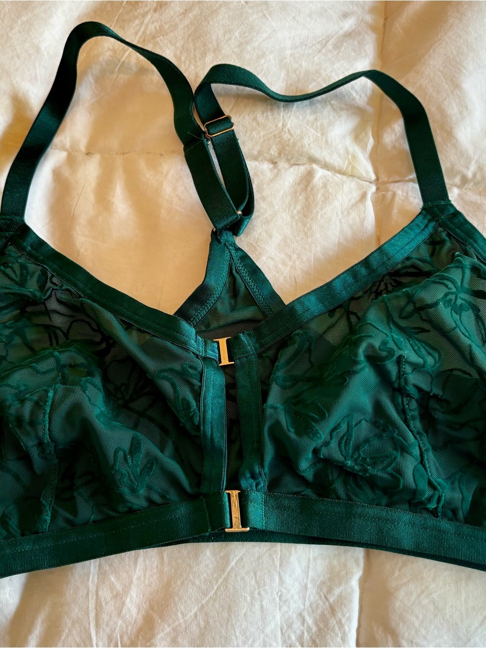 Auden Emerald Green Sheer Lace Bralette with Gold Accents